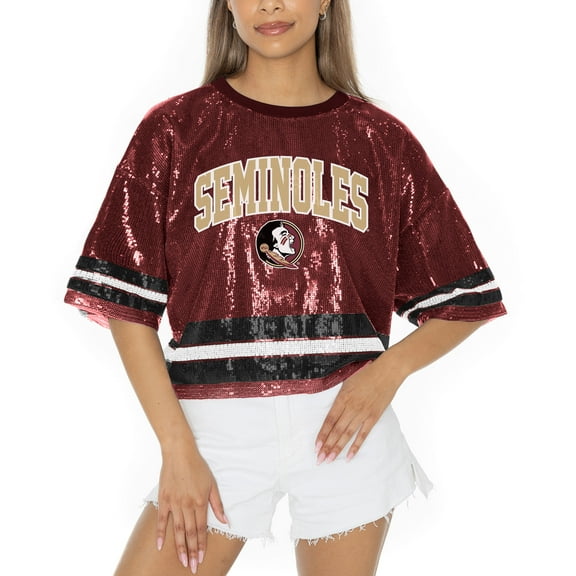 Women's Gameday Couture Garnet Florida State Seminoles Sequin Striped Cropped Fashion Jersey T-Shirt