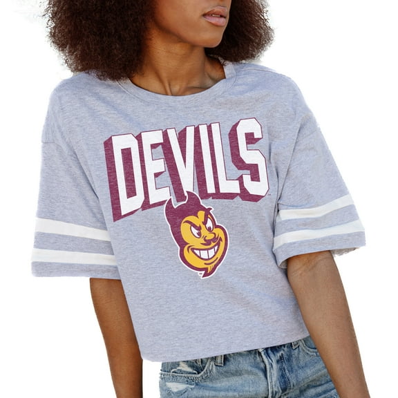 Women's Gameday Couture Gray Arizona State Sun Devils No Shortcuts Drop Shoulder Sleeve Stripe Cropped T-Shirt