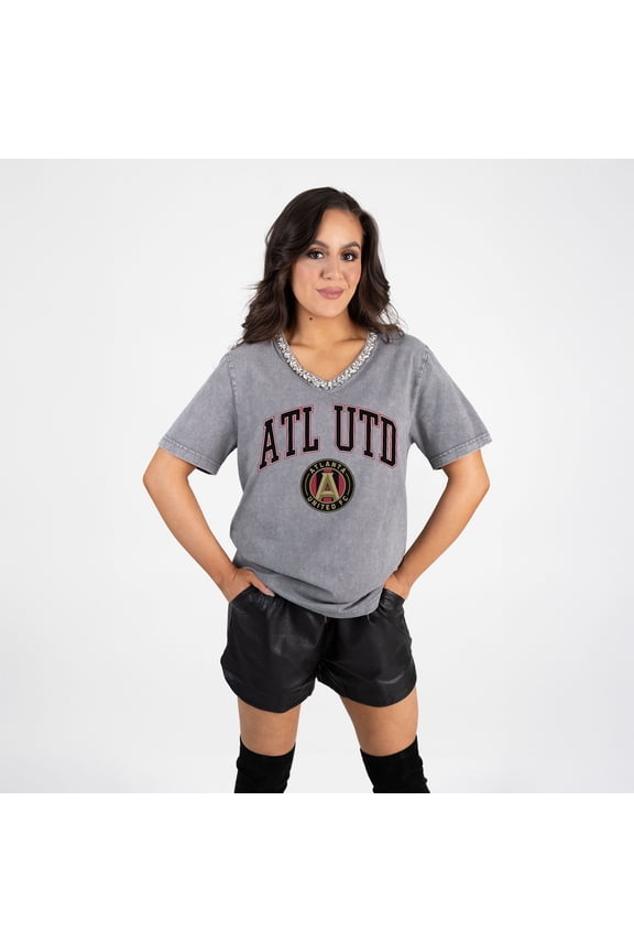 Women's Gameday Couture  Gray Atlanta United FC Relaxed Iconic Edge Rhinestone V-Neck T-Shirt