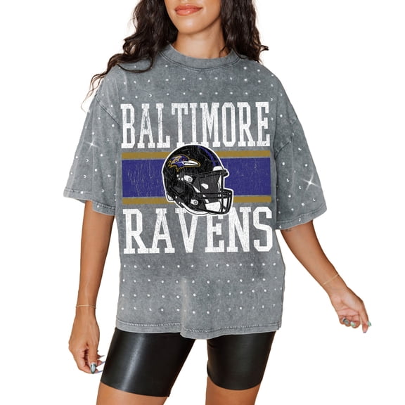 Women's Gameday Couture Gray Baltimore Ravens Oversized Mini Rhinestone Classic T-Shirt