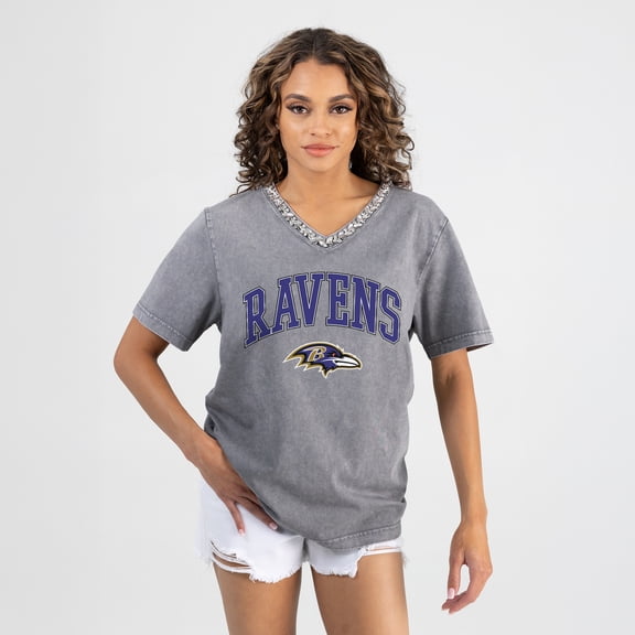 Women's Gameday Couture Gray Baltimore Ravens Relaxed Iconic Edge Rhinestone V-Neck T-Shirt