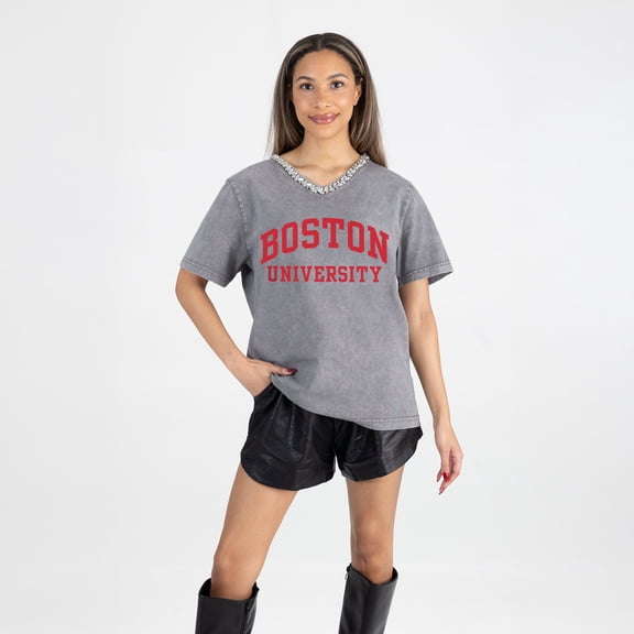 Women's Gameday Couture Gray Boston University Iconic Edge Rhinestone V-Neck T-Shirt