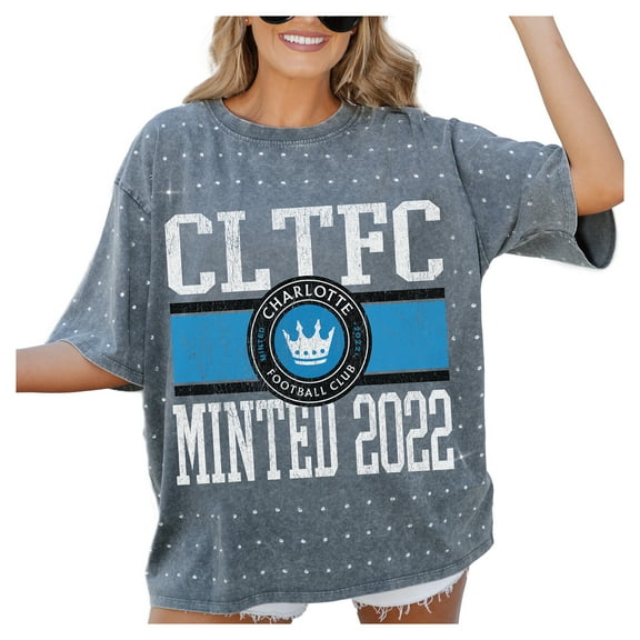 Women's-Gameday Couture  Gray Charlotte FC Oversized Mini Rhinestone Classic T-Shirt
