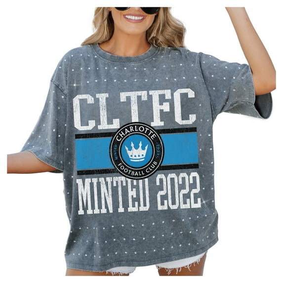 Women's-Gameday Couture Gray Charlotte FC Oversized Mini Rhinestone Classic T-Shirt