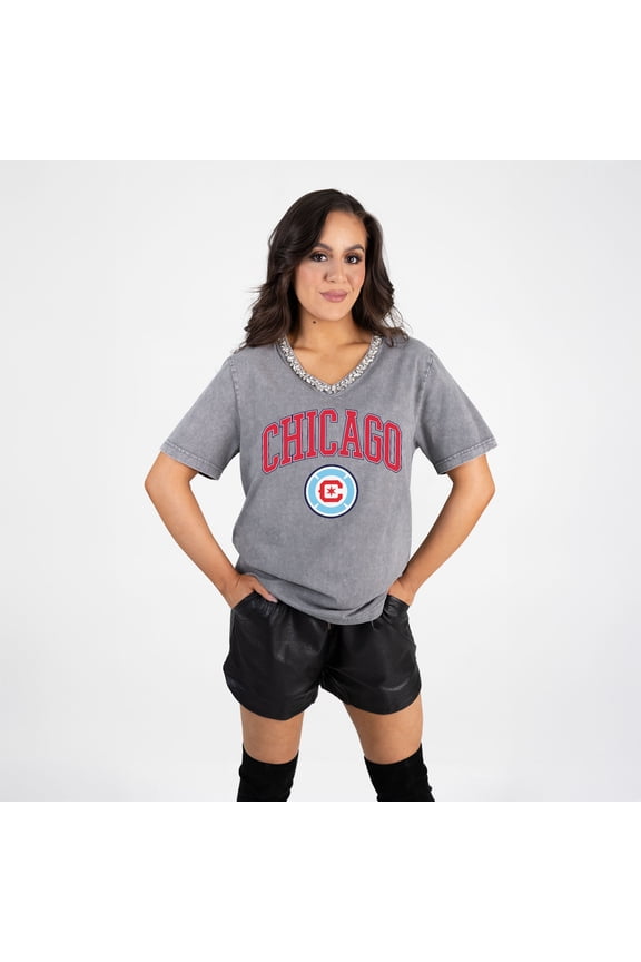 Women's Gameday Couture  Gray Chicago Fire Relaxed Iconic Edge Rhinestone V-Neck T-Shirt