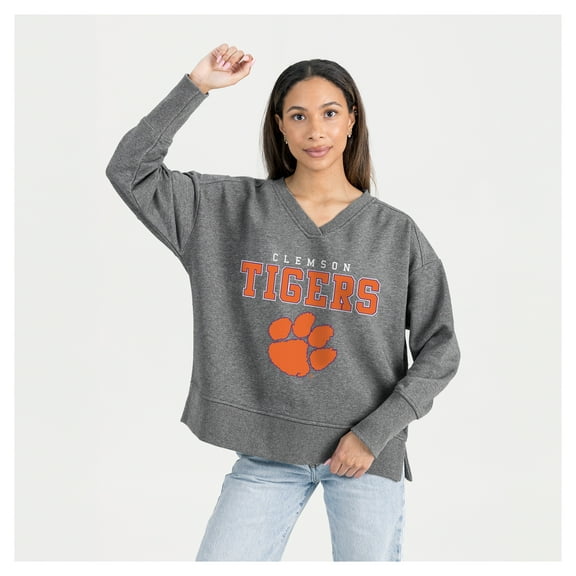 Women's Gameday Couture Gray Clemson Tigers French Terry V-Neck Pullover Sweatshirt