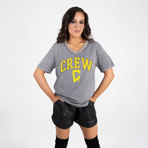 Women's Gameday Couture  Gray Columbus Crew Relaxed Iconic Edge Rhinestone V-Neck T-Shirt