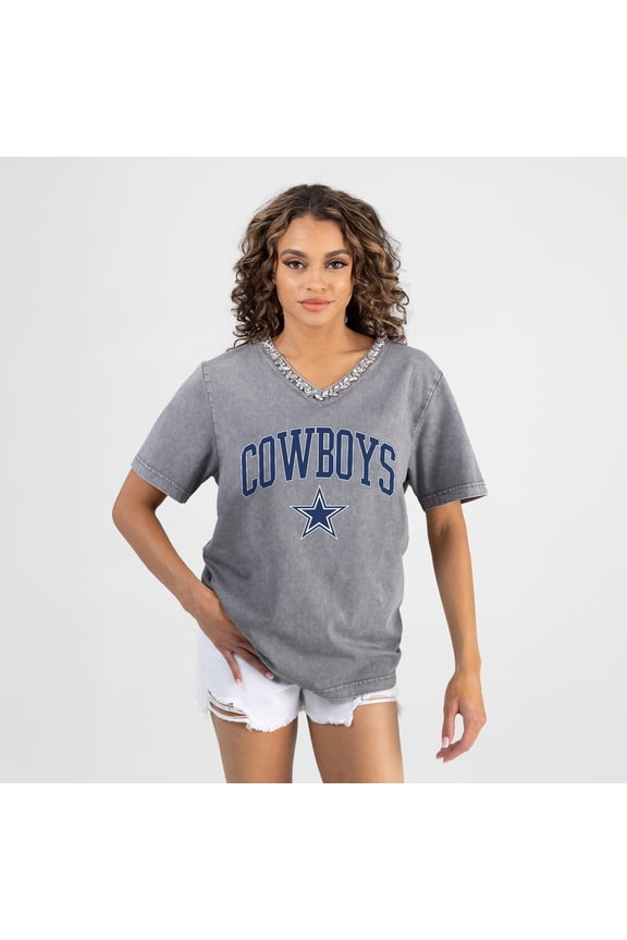 Women's Gameday Couture Gray Dallas Cowboys Relaxed Iconic Edge Rhinestone V-Neck T-Shirt
