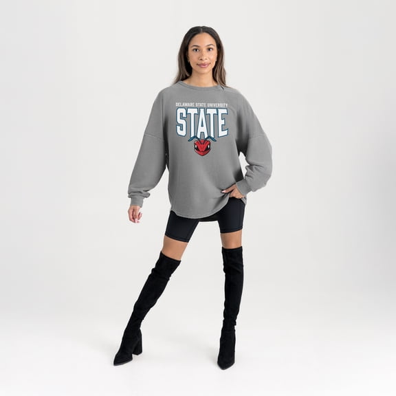 Women's Gameday Couture Gray Delaware State Hornets Oversized Pure Motion Corded Sweatshirt