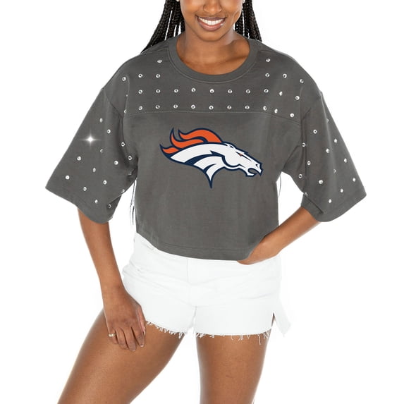 Women's Gameday Couture Gray Denver Broncos All-Over Rhinestone Cropped Oversized T-Shirt