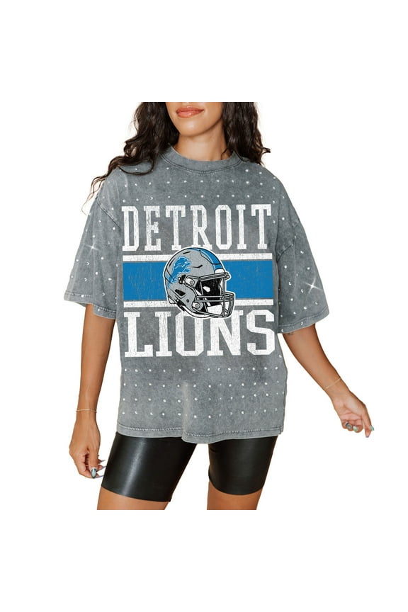 Women's Gameday Couture Gray Detroit Lions Oversized Mini Rhinestone Classic T-Shirt