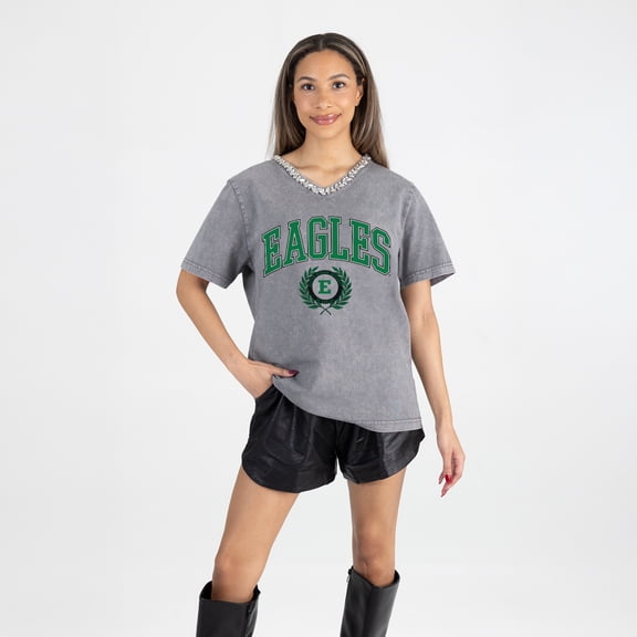 Women's Gameday Couture Gray Eastern Michigan Eagles Iconic Edge Rhinestone V-Neck T-Shirt