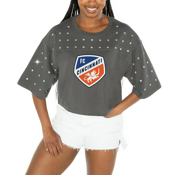 Women's Gameday Couture  Gray FC Cincinnati Making Moves Rhinestone Cropped Oversized Half Sleeve-T-Shirt