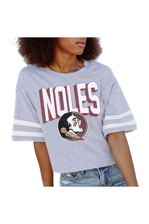 Women's Gameday Couture Gray Florida State Seminoles No Shortcuts Drop Shoulder Sleeve Stripe Cropped T-Shirt