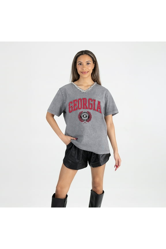 Women's Gameday Couture Gray Georgia Bulldogs Iconic Edge Rhinestone V-Neck T-Shirt