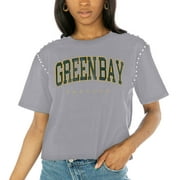 Women's Gameday Couture  Gray Green Bay Packers Elite Elegance Studded Sleeve Cropped T-Shirt