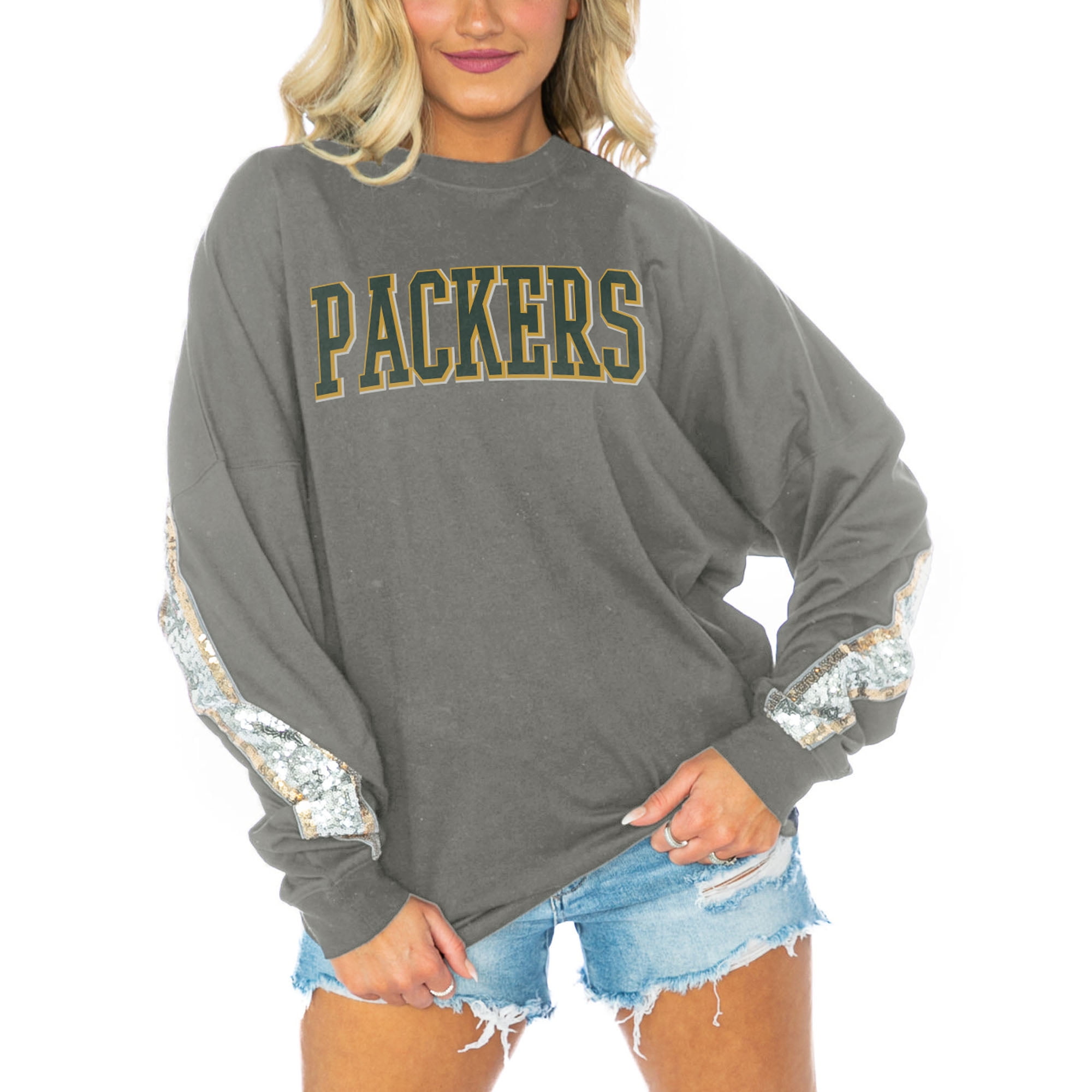 Women s Gameday Couture Gray Green Bay Packers Glitz Sequin Long Sleeve T Shirt Walmart