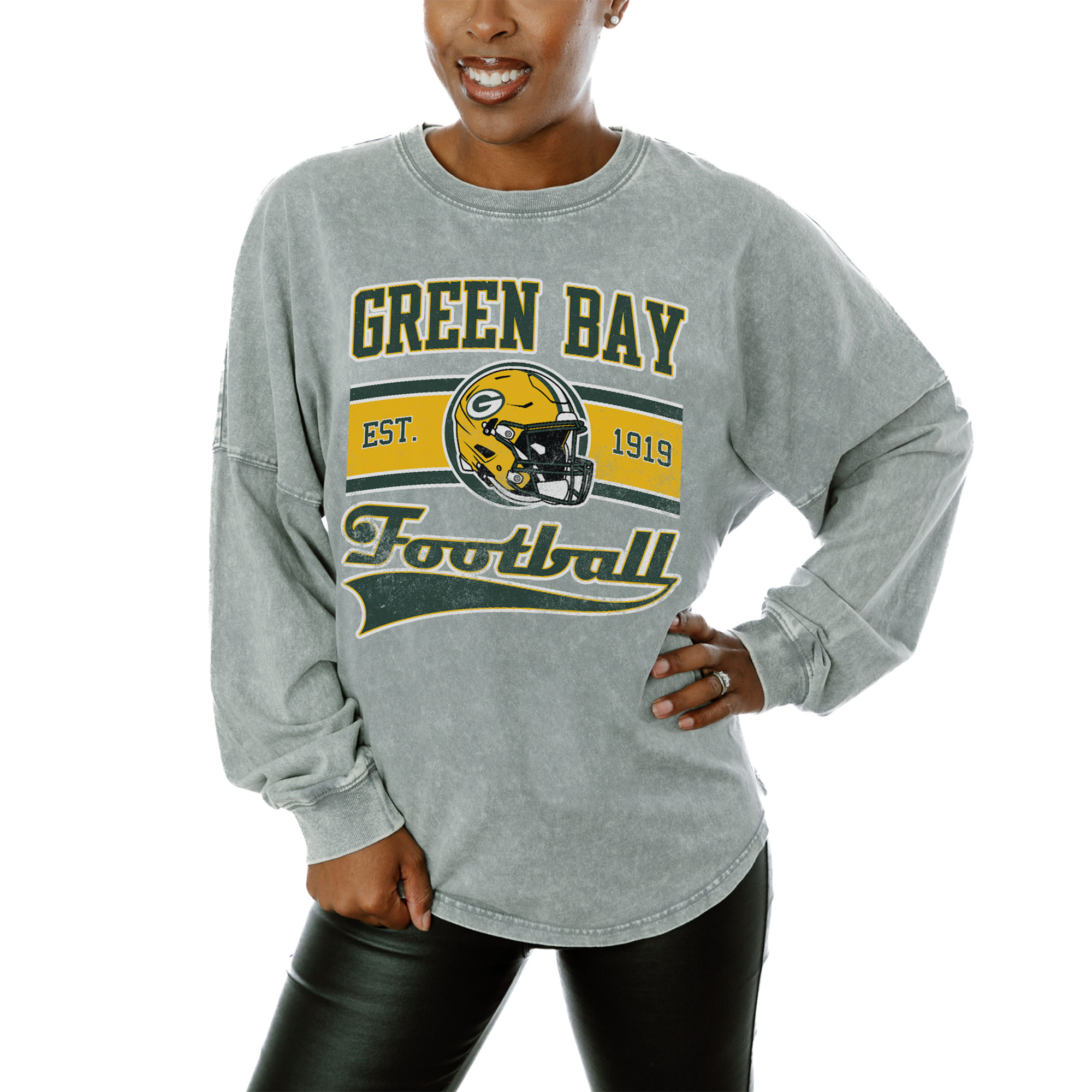 Women's Gameday Couture  Gray Green Bay Packers  Snow Wash Oversized Long Sleeve T-Shirt - image 1 of 2