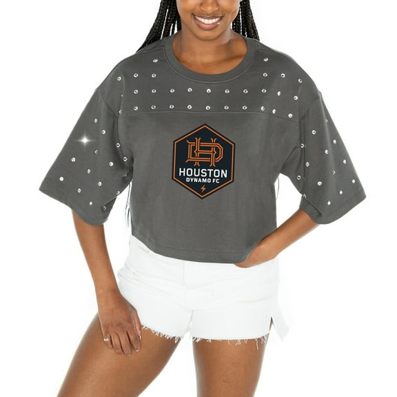Women's Gameday Couture  Gray Houston Dynamo FC Making Moves Rhinestone Cropped Oversized Half Sleeve-T-Shirt