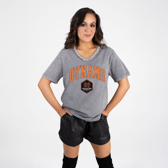 Women's Gameday Couture  Gray Houston Dynamo FC Relaxed Iconic Edge Rhinestone V-Neck T-Shirt