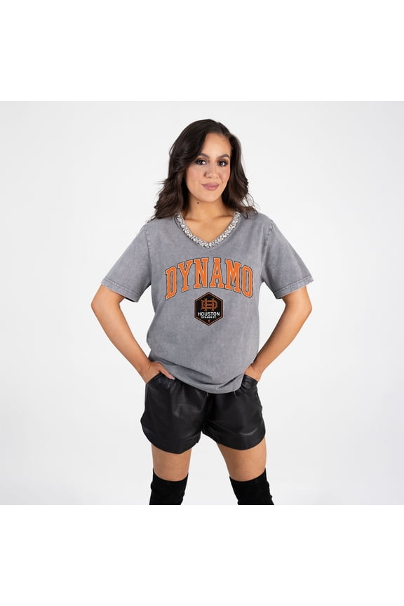 Women's Gameday Couture  Gray Houston Dynamo FC Relaxed Iconic Edge Rhinestone V-Neck T-Shirt