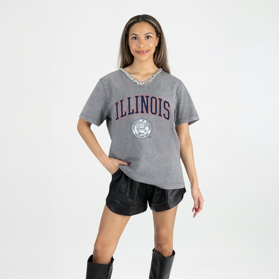 Women's Gameday Couture Gray Illinois Fighting Illini Iconic Edge Rhinestone V-Neck T-Shirt