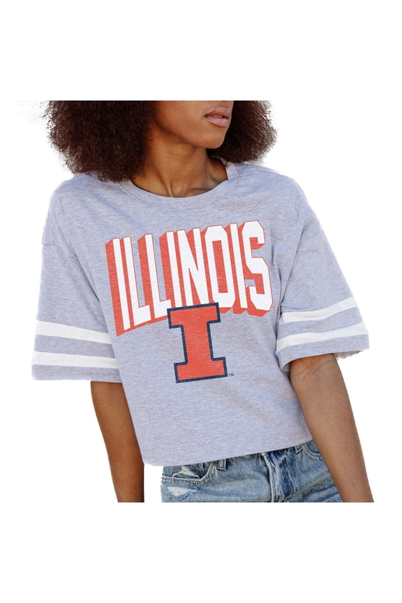 Women's Gameday Couture Gray Illinois Fighting Illini No Shortcuts Drop Shoulder Sleeve Stripe Cropped T-Shirt