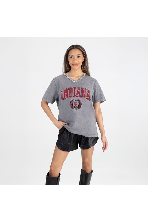 Women's Gameday Couture Gray Indiana Hoosiers Iconic Edge Rhinestone V-Neck T-Shirt