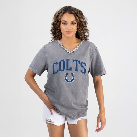 Women's Gameday Couture Gray Indianapolis Colts Relaxed Iconic Edge Rhinestone V-Neck T-Shirt