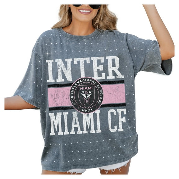 Women's-Gameday Couture  Gray Inter Miami CF Oversized Mini Rhinestone Classic T-Shirt