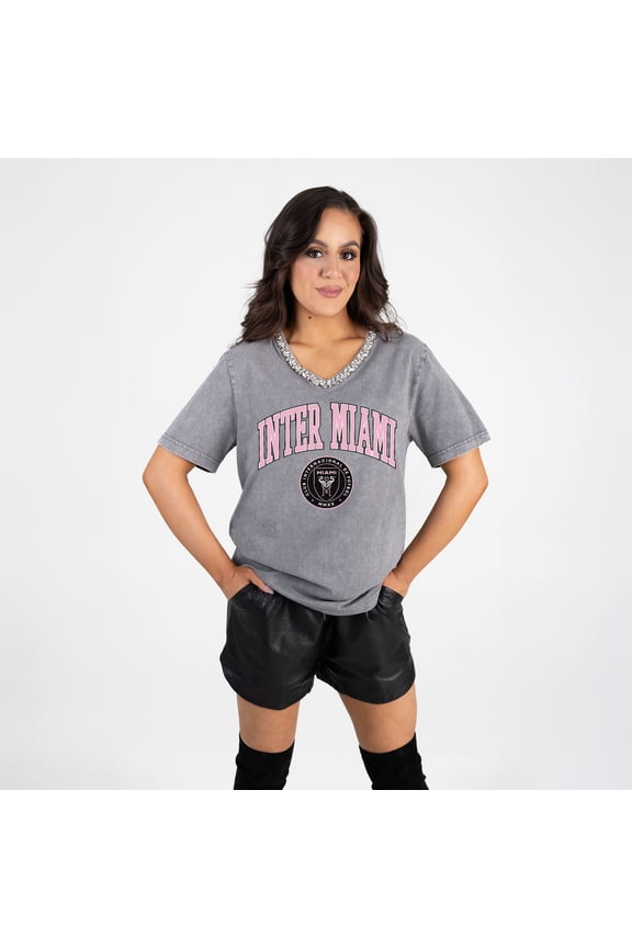 Women's Gameday Couture  Gray Inter Miami CF Relaxed Iconic Edge Rhinestone V-Neck T-Shirt