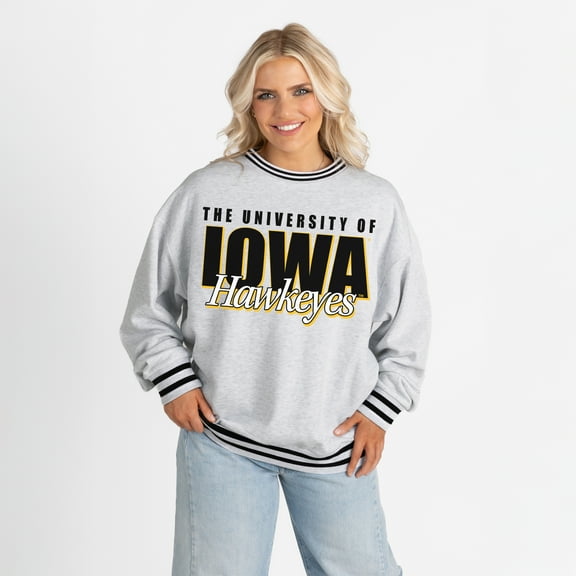 Women's Gameday Couture Gray Iowa Hawkeyes Oversized Showdown Ringer Stripe Sweatshirt
