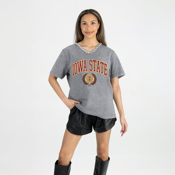 Women's Gameday Couture Gray Iowa State Cyclones Iconic Edge Rhinestone V-Neck T-Shirt