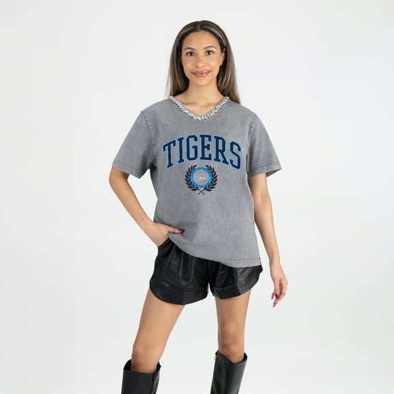 Women's Gameday Couture Gray Jackson State Tigers Iconic Edge Rhinestone V-Neck T-Shirt