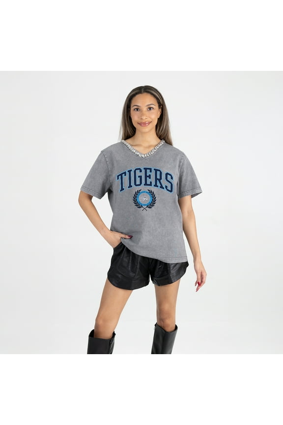 Women's Gameday Couture Gray Jackson State Tigers Iconic Edge Rhinestone V-Neck T-Shirt