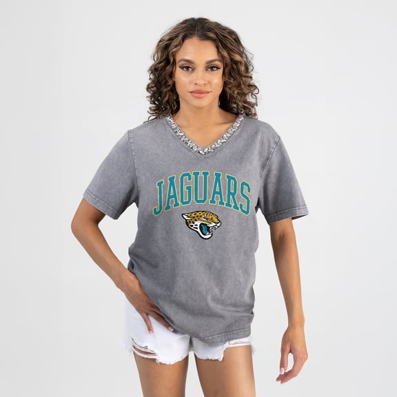 Women's Gameday Couture Gray Jacksonville Jaguars Relaxed Iconic Edge Rhinestone V-Neck T-Shirt