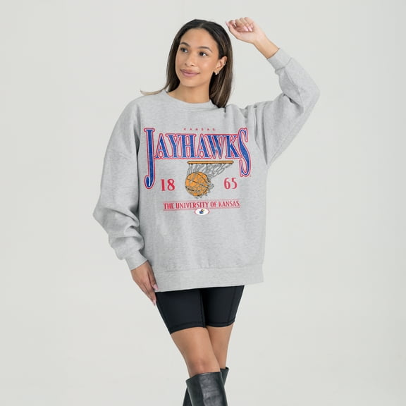 Women's Gameday Couture Gray Kansas Jayhawks Basketball Premium Fleece Drop Pullover Sweatshirt