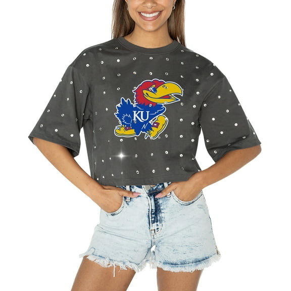 Women's Gameday Couture Gray Kansas Jayhawks Go Time Rhinestone Crop T-Shirt