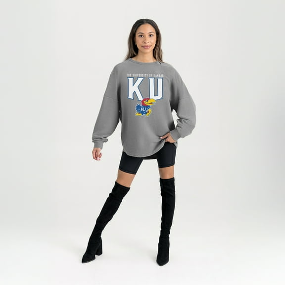 Women's Gameday Couture Gray Kansas Jayhawks Oversized Pure Motion Corded Sweatshirt
