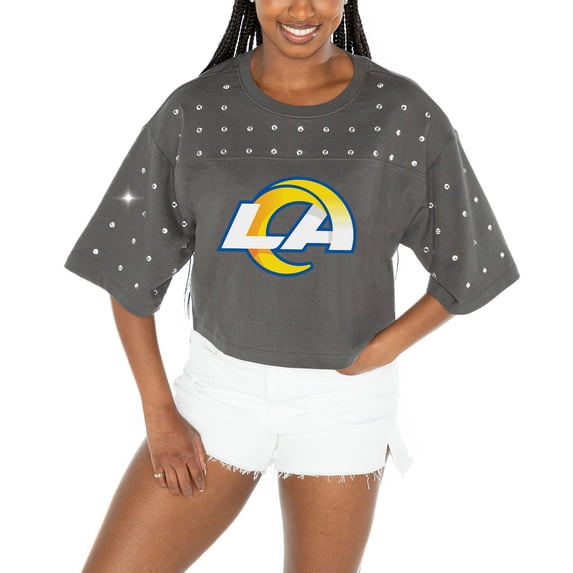 Women's Gameday Couture Gray Los Angeles Rams All-Over Rhinestone Cropped Oversized T-Shirt