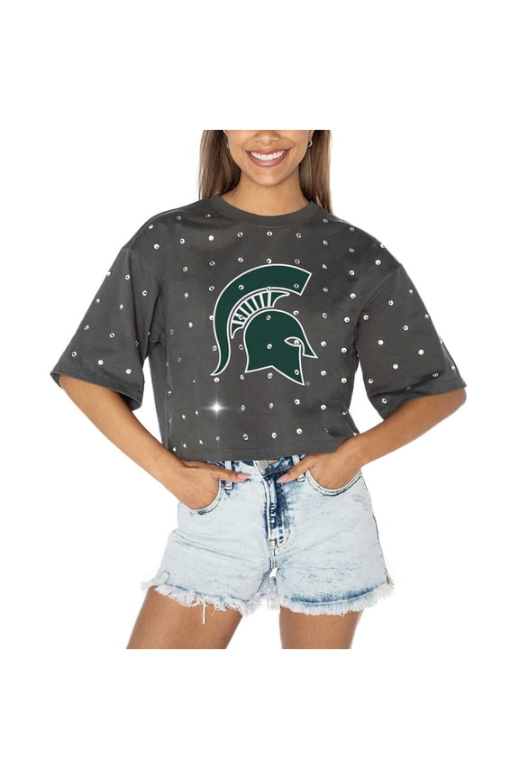 Women's Gameday Couture Gray Michigan State Spartans Go Time Rhinestone Crop T-Shirt