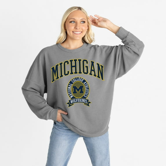 Women's Gameday Couture Gray Michigan Wolverines Oversized Training Day Corded Sweatshirt