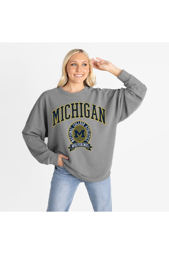 Women's Gameday Couture Gray Michigan Wolverines Oversized Training Day Corded Sweatshirt
