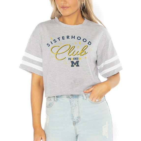 Women's Gameday Couture Gray Michigan Wolverines PoweredBy Sisterhood Drop Shoulder Sleeve Stripe Cropped Tri-Blend