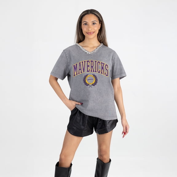 Women's Gameday Couture Gray Minnesota State Mavericks Iconic Edge Rhinestone V-Neck T-Shirt