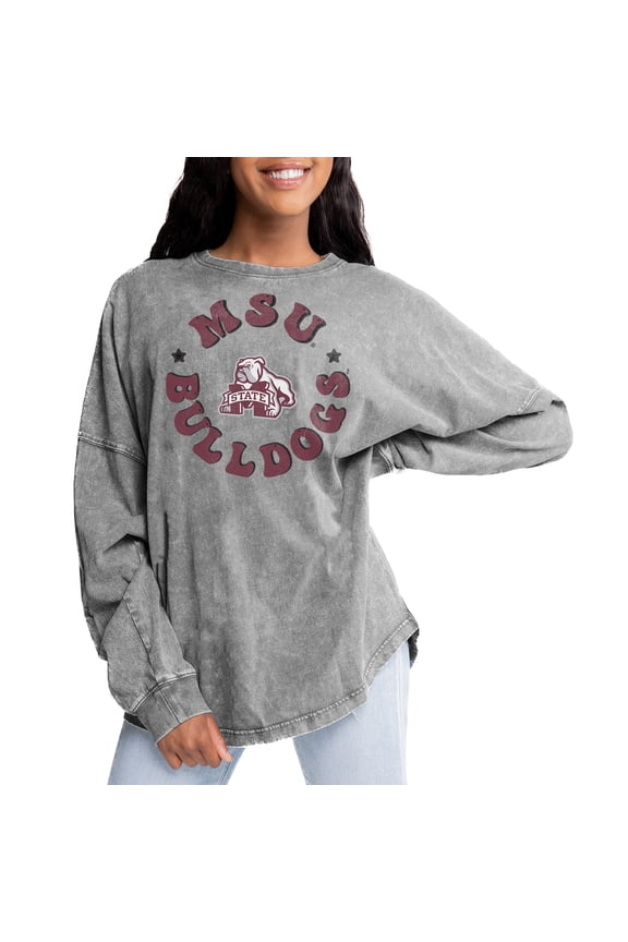 Women's Gameday Couture Gray Mississippi State Bulldogs Playing Around Faded Wash Oversized Long Sleeve T-Shirt