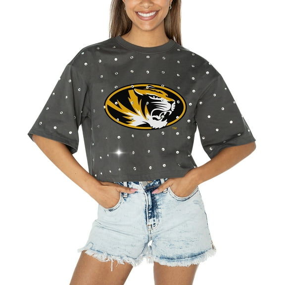 Women's Gameday Couture Gray Missouri Tigers Go Time Rhinestone Crop T-Shirt