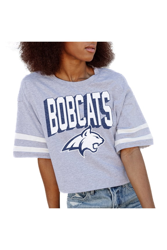Women's Gameday Couture Gray Montana State Bobcats No Shortcuts Drop Shoulder Sleeve Stripe Cropped T-Shirt