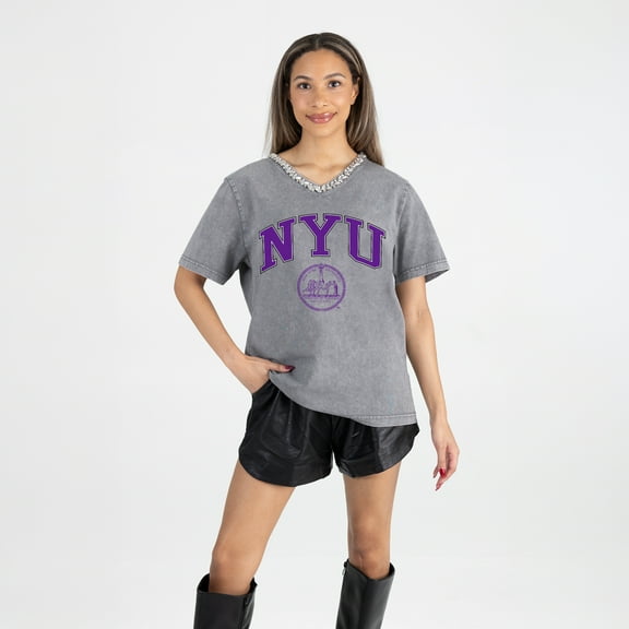 Women's Gameday Couture Gray NYU Violets Iconic Edge Rhinestone V-Neck T-Shirt
