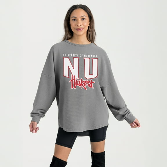 Women's Gameday Couture Gray Nebraska Huskers Oversized Pure Motion Corded Sweatshirt
